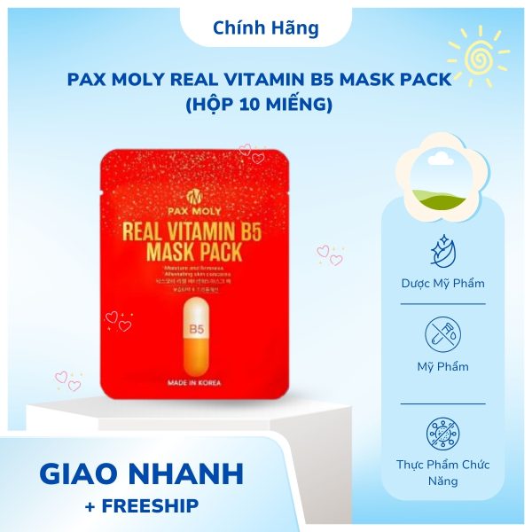 Hộp 10 Miếng Mặt Nạ Dưỡng Ẩm, Làm Dịu Da Pax Moly Real Vitamin B5 Mask Pack