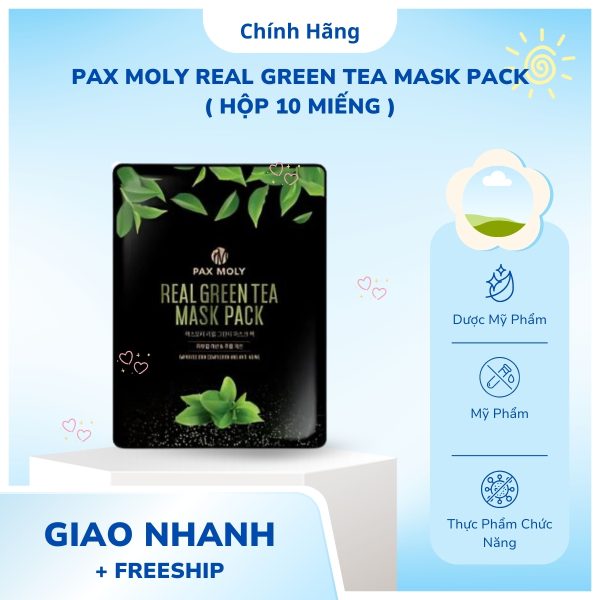 Hộp 10 Miếng Mặt nạ Dưỡng Ẩm, Làm Dịu, Giảm Sưng Mụn Pax Moly Real Green Tea Mask Pack