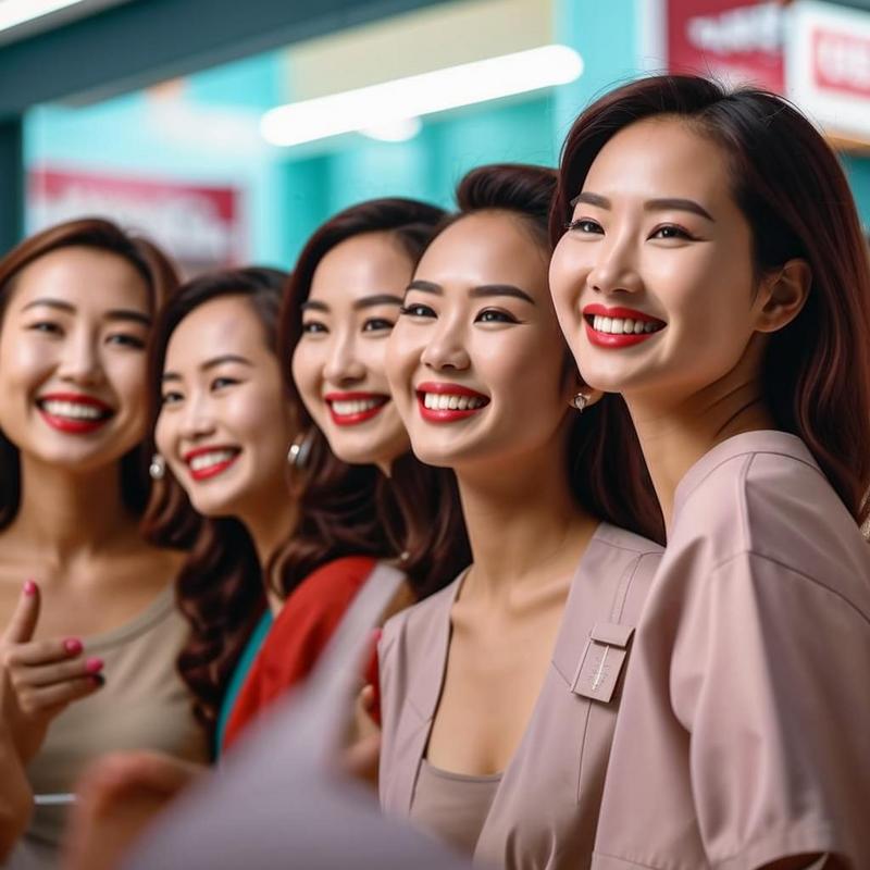 Vietnamese women smiling, Candy Care store, authentic cosmetics.