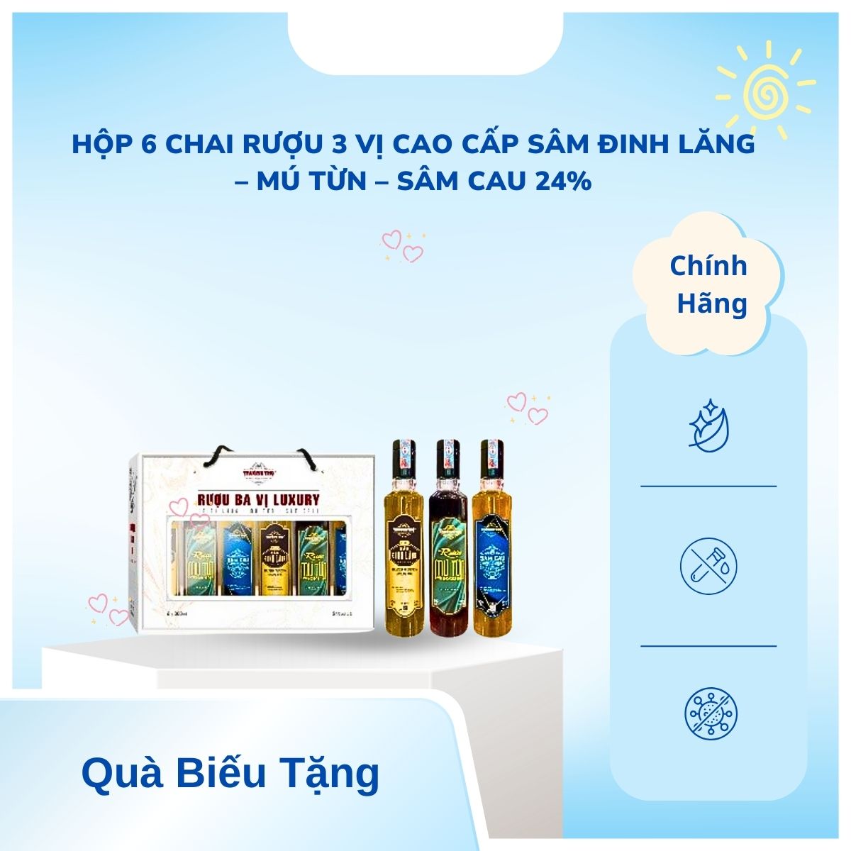 Hộp 6 chai rượu 3 vị cao cấp Sâm Đinh Lăng – Mú Từn – Sâm Cau 24%